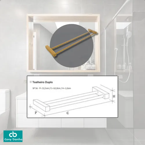 Toalheiro de banho duplo 55cm  Cromado - Cony