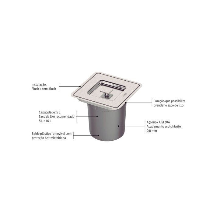 Lixeira de Embutir Tramontina Clean Square em Aço Inox com Balde Plástico 5 L
