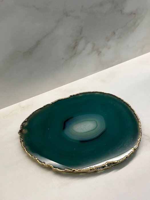 Bandeja em Pedra Ágata Natural Verde 13cm Com Banho De Ouro Na Borda