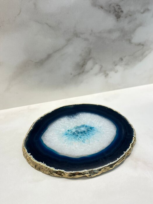 Bandeja em Pedra Ágata Natural Azul Marinho com Branco 13cm Com Banho De Ouro Na Borda